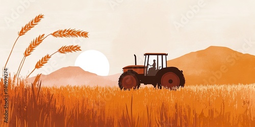 Stylized Tractor in Wheat Field with Warm Tones, Setting Sun, and Swooping Wheat Graphics photo