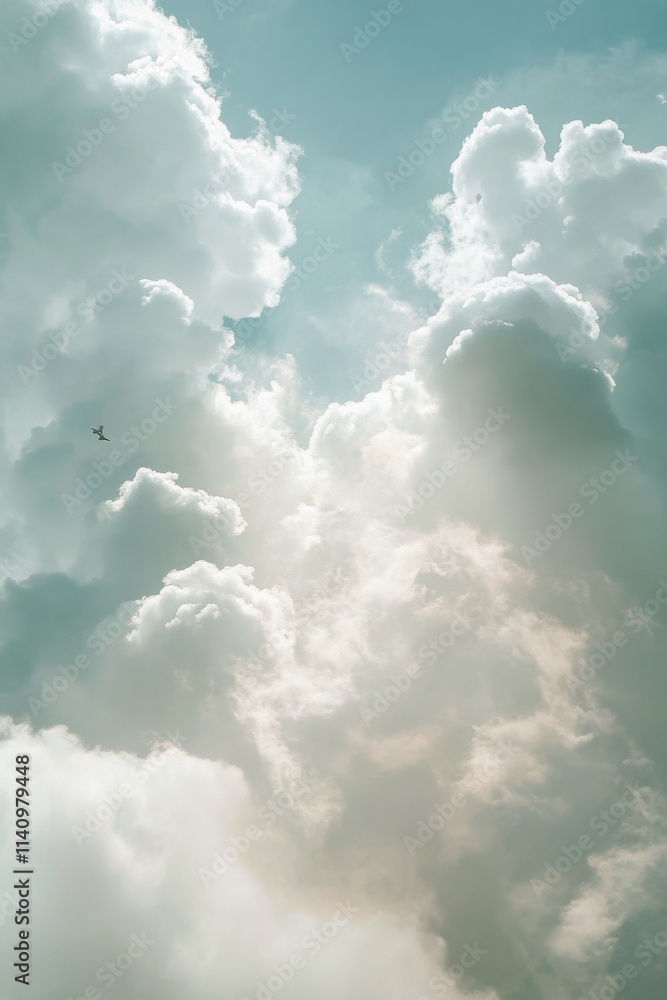 Fototapeta premium Bright sunlight filters through fluffy clouds in a clear blue sky