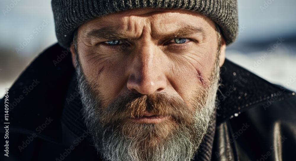 Rugged mature caucasian male with beard in winter attire staring intently Rugged mature caucasian male with beard in winter attire staring intently