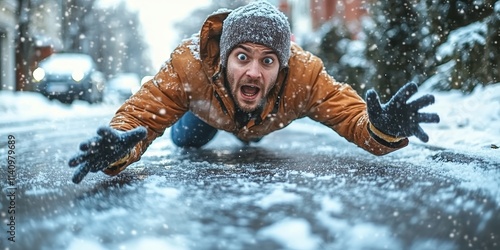  Man mid-fall on icy sidewalk, arms flailing, feet slipping, visible breath in crisp winter air, shocked expression on his face.