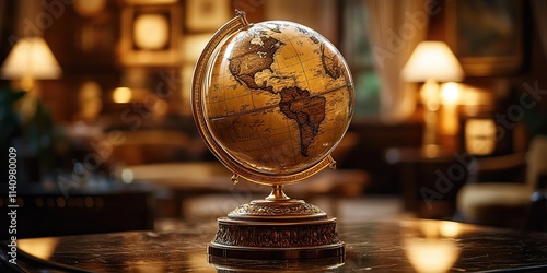  Luxurious golden globe resting on ornate stand, detailed gold lines tracing pathways between continents, illuminated by soft ambient light. photo