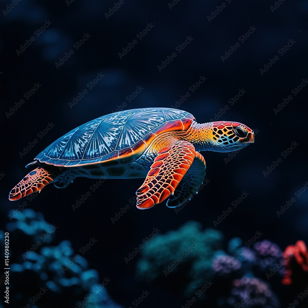 Fototapeta premium A close-up of a sea turtle swimming in a body of water, surrounded by corals and other marine life