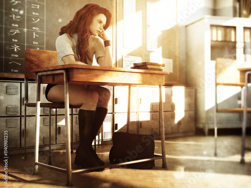 3d rendering of a fantasy female character resembles with a student in the classroom of a summer school with bright and warm daylight coming from windows 