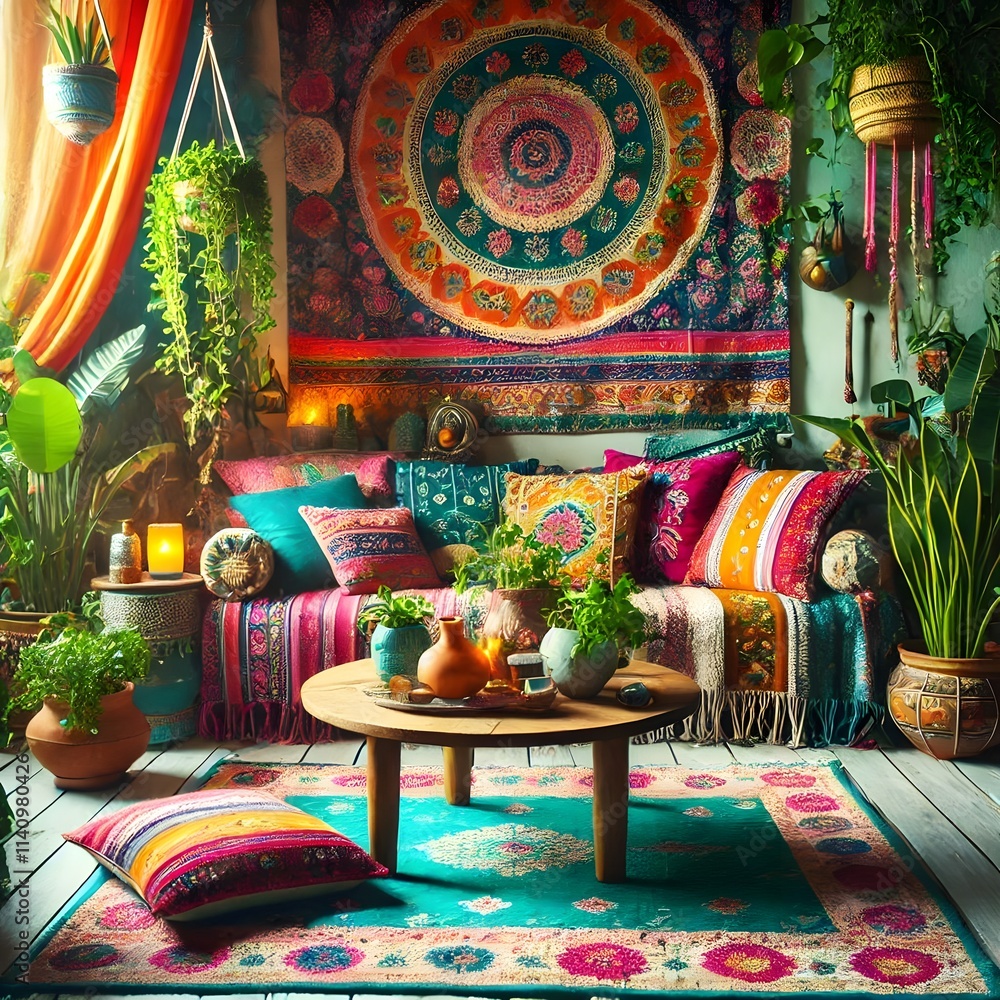 Fototapeta premium Vibrant Eclectic Living Room with Colorful Decor and Plants