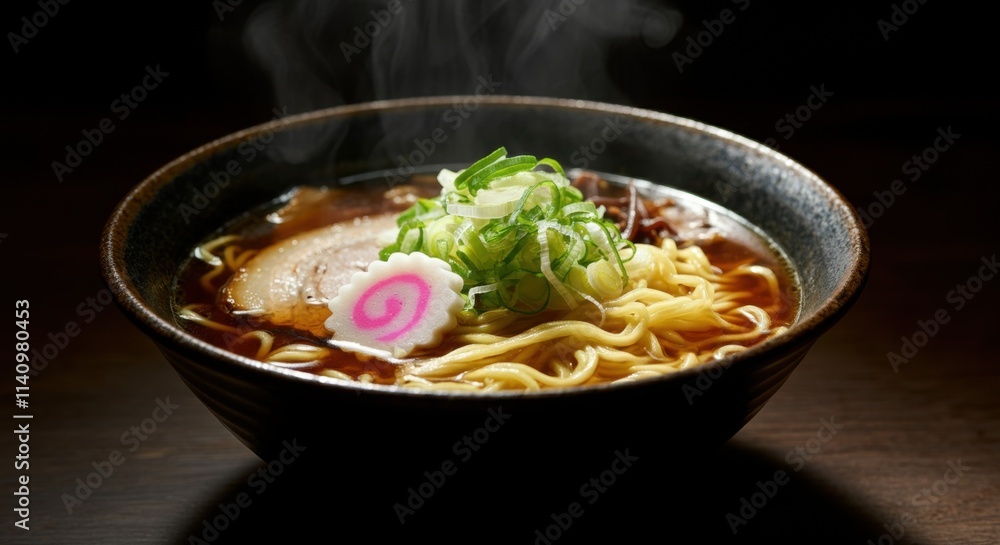 Steaming bowl of ramen with pork, scallions, and narutomaki in dark broth Steaming bowl of ramen with pork, scallions, and narutomaki in dark broth