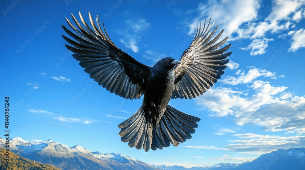 Fototapeta premium Bird soaring high above mountains, wings spread wide against a bright blue sky