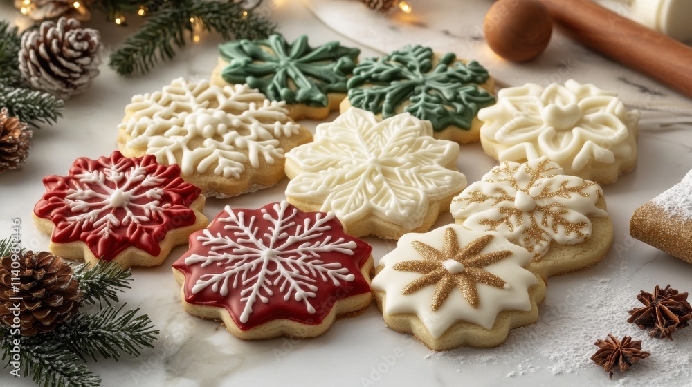 Vibrant flat lay sugar cookies with festive designs on marble Vibrant flat lay sugar cookies with festive designs on marble