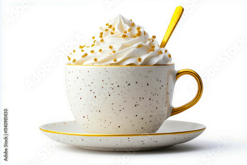 A cup of coffee with whipped cream and a gold spoon