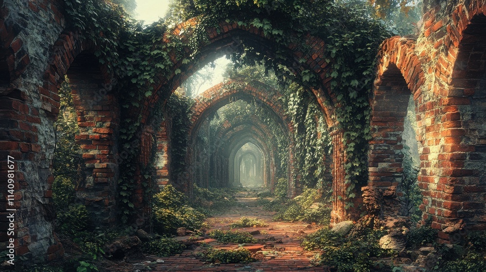 Brick archway of an ancient fortress, covered in vines and ivy Brick archway of an ancient fortress, covered in vines and ivy