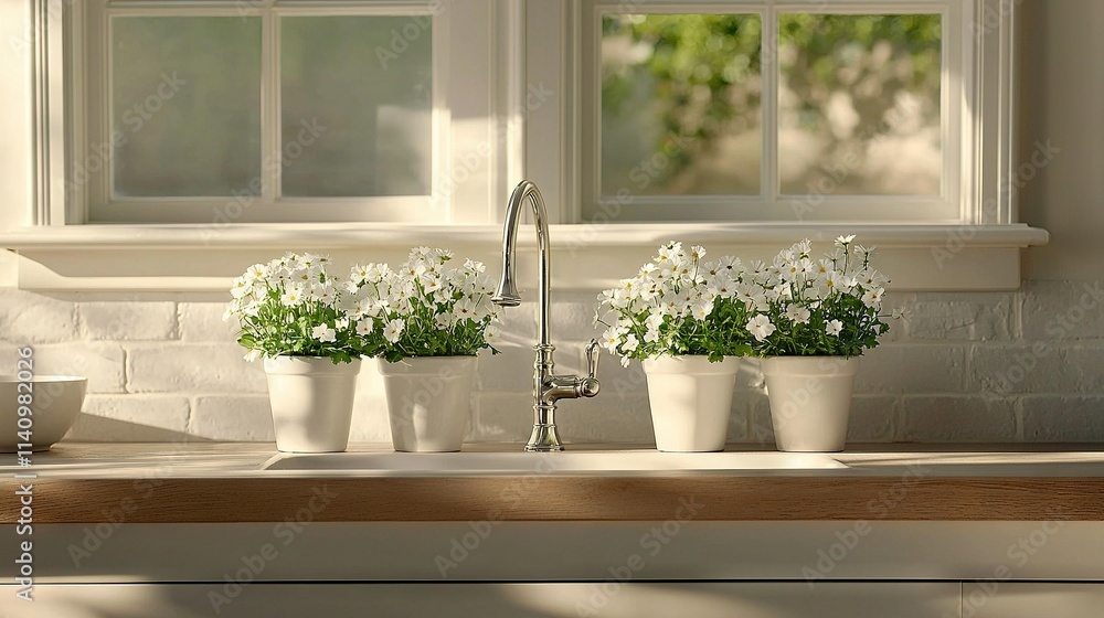A pair of white pots on a kitchen counter, near the faucet and sink A pair of white pots on a kitchen counter, near the faucet and sink