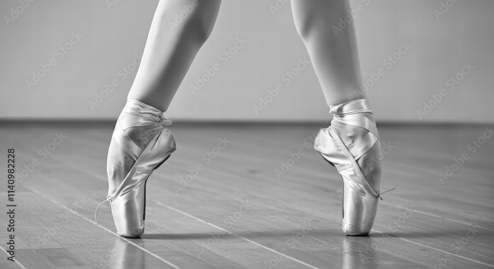 Female dancer's feet in ballet pointe shoes on wooden floor Female dancer's feet in ballet pointe shoes on wooden floor