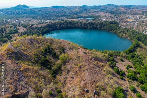 Aerial view of crater lake Lac Djabala and Lac Ampombilava. island of Nosy Be, Madagascar