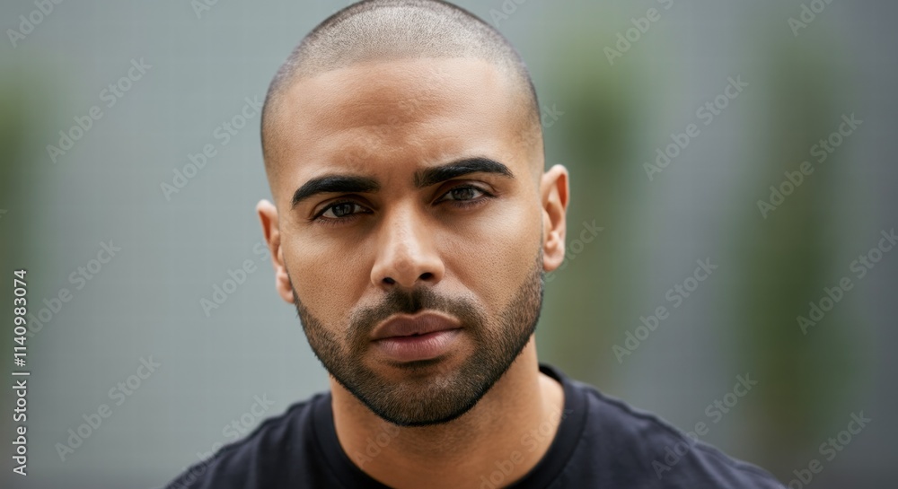 Young hispanic male with shaved head and beard looking serious outside Young hispanic male with shaved head and beard looking serious outside