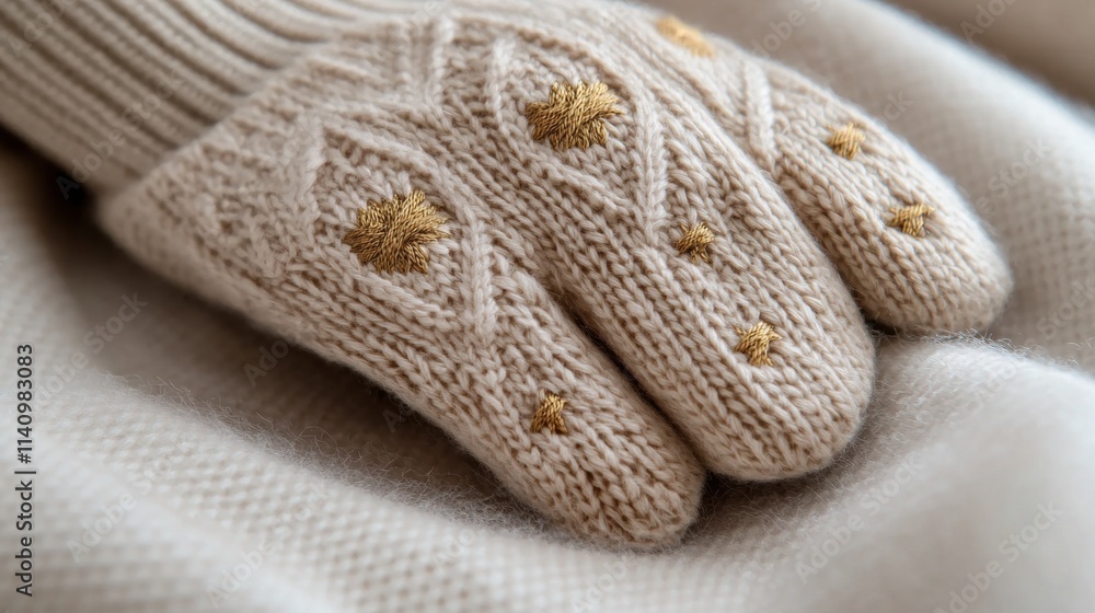 Close-up of a pair of beige-colored knitted gloves. the gloves appear to be made of a soft, knitted material and have a ribbed texture. Close-up of a pair of beige-colored knitted gloves. the gloves appear to be made of a soft, knitted material and have a ribbed texture.