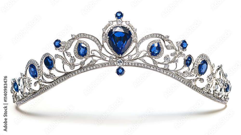 Fototapeta premium Tiara made of silver set with sapphires and diamonds on white
