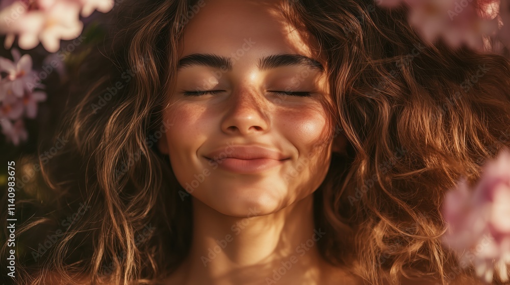 Smiling Woman in Floral Surroundings, Relaxed Mood Smiling Woman in Floral Surroundings, Relaxed Mood