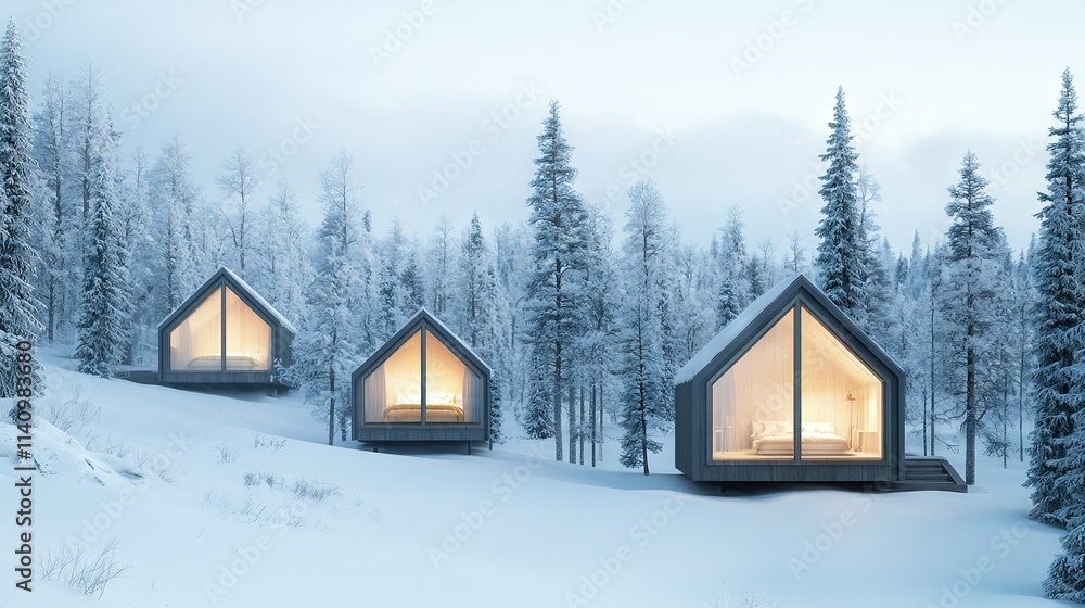 In a snow-covered forest, three cabins sit together, surrounded by towering trees In a snow-covered forest, three cabins sit together, surrounded by towering trees
