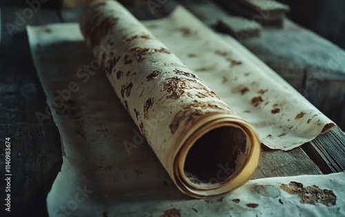 Ancient secrets whisper from this aged scroll, its textured surface hinting at forgotten tales and untold stories. A relic of time. photo