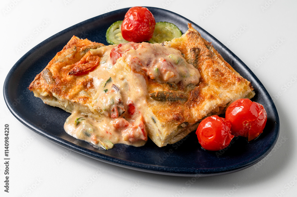 A piece of Italian cheese lasagna with vegetables: green beans , zucchini, peppers and tomatoes isolated in a black dish , delicious traditional Italian dish. A piece of Italian cheese lasagna with vegetables: green beans , zucchini, peppers and tomatoes isolated in a black dish , delicious traditional Italian dish.