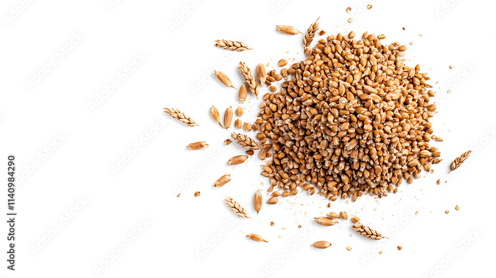 Top view of an integral rye flour pile isolated on a white background, top view of rye flour isolated on a white background, a heap of whole spelt wheat flour isolated on a white background Top view of an integral rye flour pile isolated on a white background, top view of rye flour isolated on a white background, a heap of whole spelt wheat flour isolated on a white background