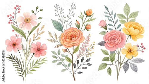 Wallpaper Mural Watercolor illustration of different floral arrangements Torontodigital.ca
