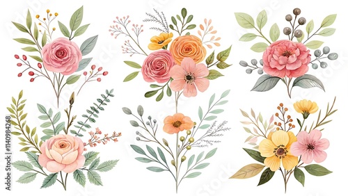 Watercolor illustration of different floral arrangements
