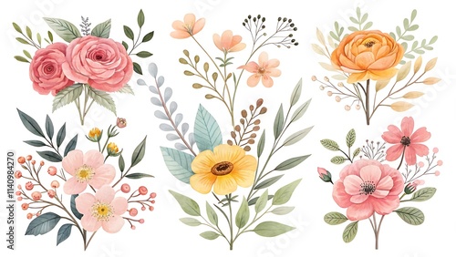 Watercolor illustration of different floral arrangements