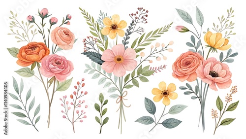 Watercolor illustration of different floral arrangements