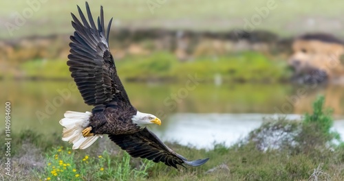 Majestic bald eagle soaring over a green landscape.