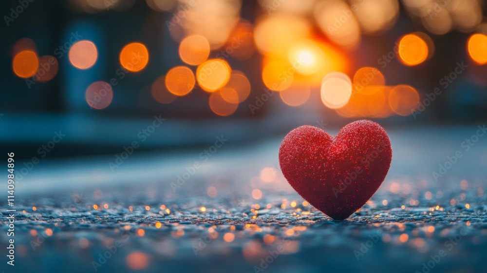 Glittering Red Heart at Sunset on Asphalt Road