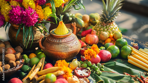 Traditional chhath puja arrangement with kalash, fruits, and sugarcanes, conveying blessings and festive warmth photo