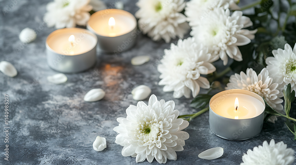 Tranquil condolence background featuring lit candles and white chrysanthemums on a grey textured backdrop symbolizing remembrance and sympathy Tranquil condolence background featuring lit candles and white chrysanthemums on a grey textured backdrop symbolizing remembrance and sympathy