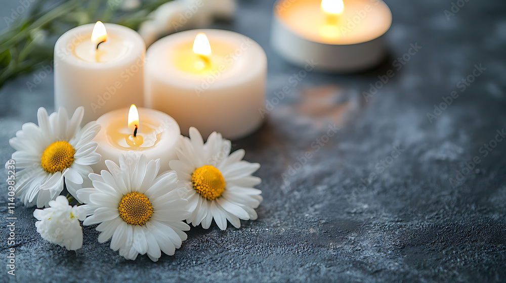 Tranquil condolence background featuring lit candles and white chrysanthemums on a grey textured backdrop symbolizing remembrance and sympathy Tranquil condolence background featuring lit candles and white chrysanthemums on a grey textured backdrop symbolizing remembrance and sympathy