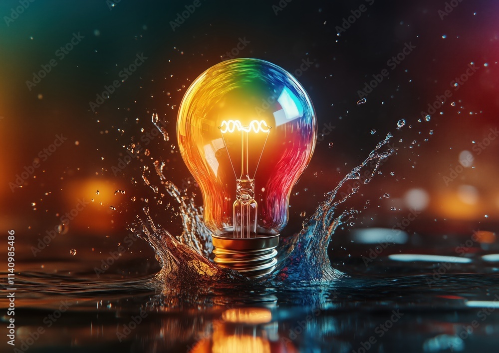 Light Bulb with Water Splash, Rainbow Colors Light Bulb with Water Splash, Rainbow Colors