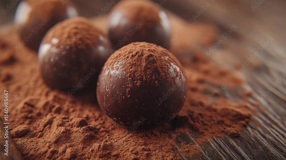 Artisanal dark chocolate truffles on rustic background closeup shot Artisanal dark chocolate truffles on rustic background closeup shot