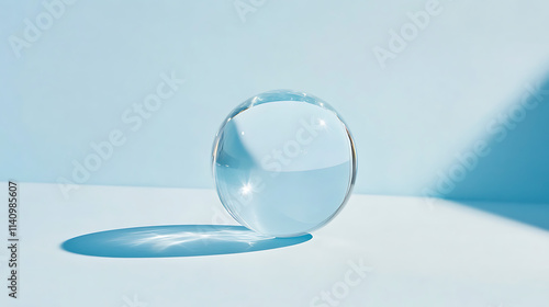 Transparent crystal glass ball is casting a shadow on a blue background