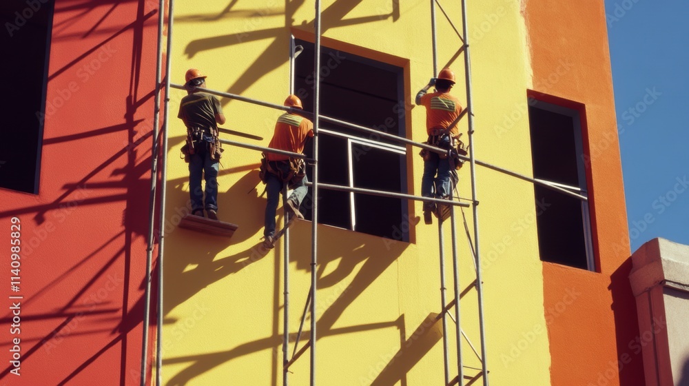 Construction workers painting a modern building facade in vibrant red and yellow hues, collaborating on scaffolding against striking geometric shadows during a sunny day, highlighting teamwork Construction workers painting a modern building facade in vibrant red and yellow hues, collaborating on scaffolding against striking geometric shadows during a sunny day, highlighting teamwork