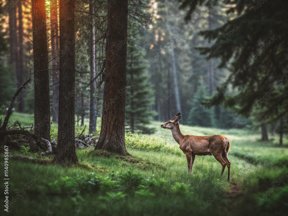 Long distance view of beautiful doe standing on the grass in a forest glade Long distance view of beautiful doe standing on the grass in a forest glade