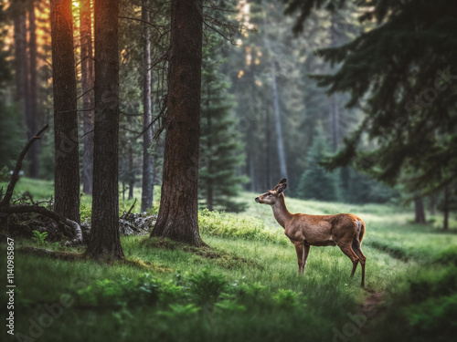 Long distance view of beautiful doe standing on the grass in a forest glade