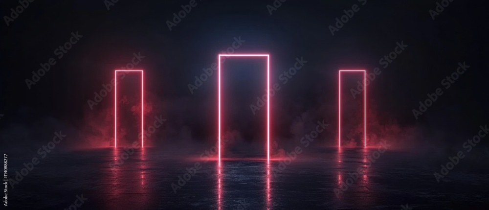 Three tall, rectangular structures made of red neon lights. the structures are arranged in a triangular formation, with the tallest structure in the center and two smaller structures on either side. Three tall, rectangular structures made of red neon lights. the structures are arranged in a triangular formation, with the tallest structure in the center and two smaller structures on either side.