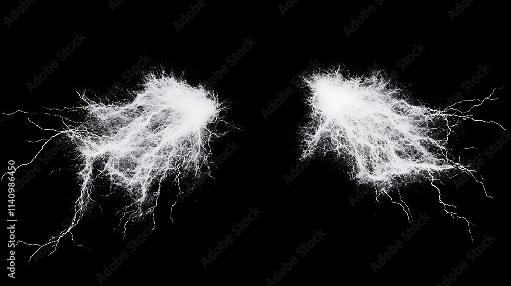 Two white thunder electric lightning bolts on black background dynamic natural energy Two white thunder electric lightning bolts on black background dynamic natural energy