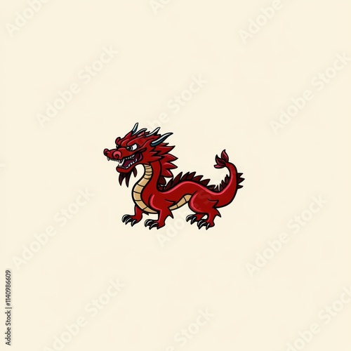 a red dragon with a black tail and a white background