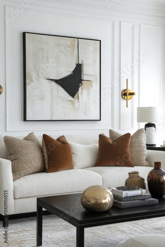 Elegant modern living room with neutral colors and natural decor elements