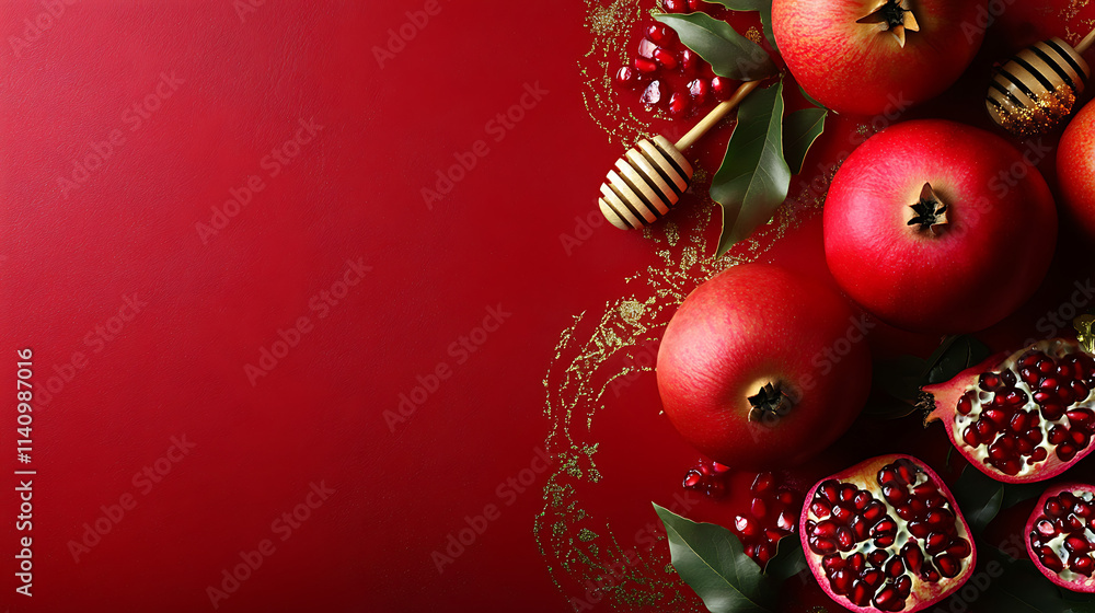 Rosh hashanah traditional symbols, apples, pomegranate and honey on a red background, copy space Rosh hashanah traditional symbols, apples, pomegranate and honey on a red background, copy space