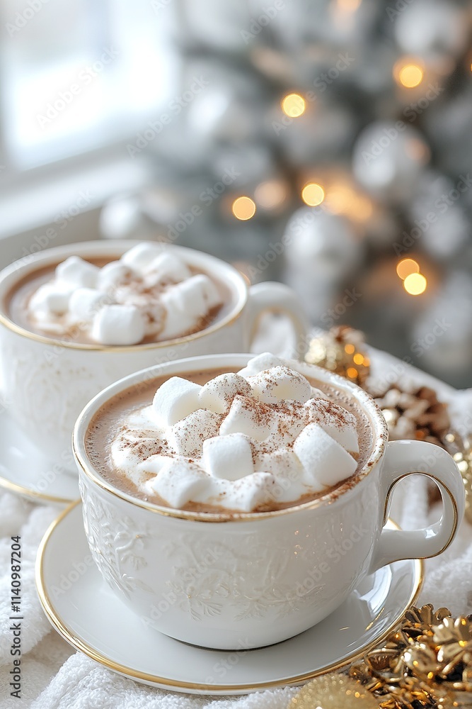 Hot drink with marshmallows and candy cane in mug. Fir cones, spices in the background. Cozy seasonal holidays Hot drink with marshmallows and candy cane in mug. Fir cones, spices in the background. Cozy seasonal holidays