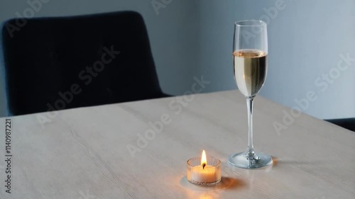 A minimalist scene: a champagne glass rests on a table next to a small candle. The composition exudes aesthetic simplicity, with soft lighting creating a cozy and comfortable atmosphere.






