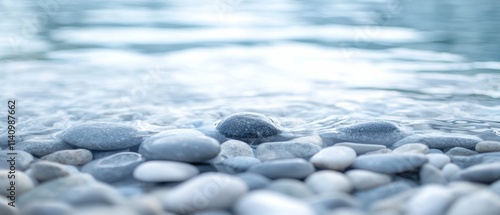 Close-up of a pebble beach. the pebbles are of different sizes and colors, including white, grey, and black. the water is a light blue color and appears to be calm and still. photo