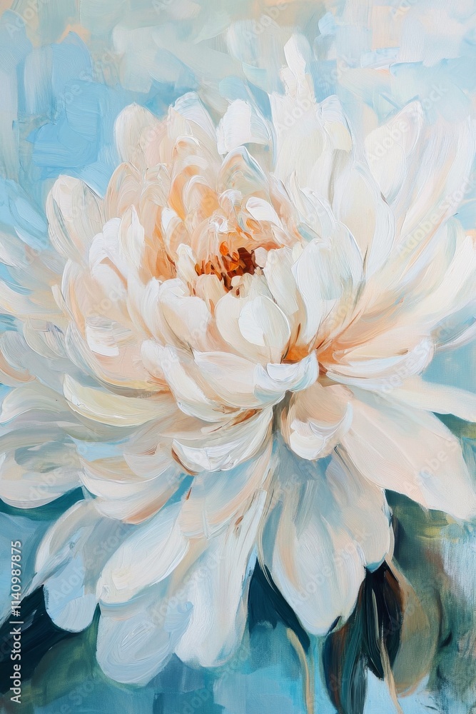 Obraz premium Elegant white hibiscus flower with soft blue background and delicate petals displayed prominently