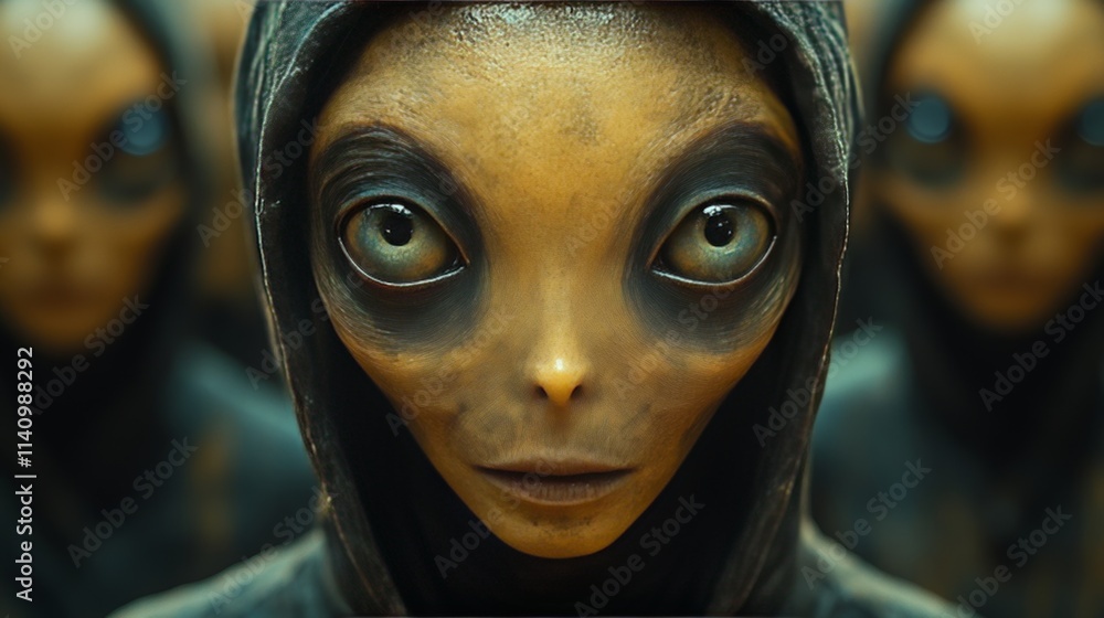 A group of aliens with one of them having a hood over its head A group of aliens with one of them having a hood over its head