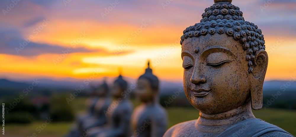 Serene Buddha statue at sunset, peaceful landscape. Serene Buddha statue at sunset, peaceful landscape.